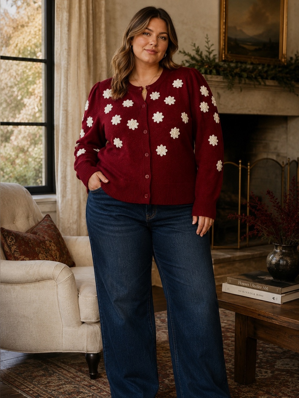 Belle Isle by Torrid Burgundy Floral Appliqué Cardigan Sweater 2 Cottagecore